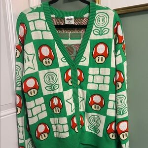 Nintendo Green V-Neck Cardigan with Red & White Mushroom Pattern